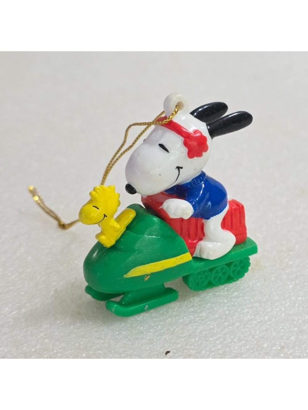 Peanuts Snoopy Woodstock riding Snowmobile Christmas Ornament 2" Vintage